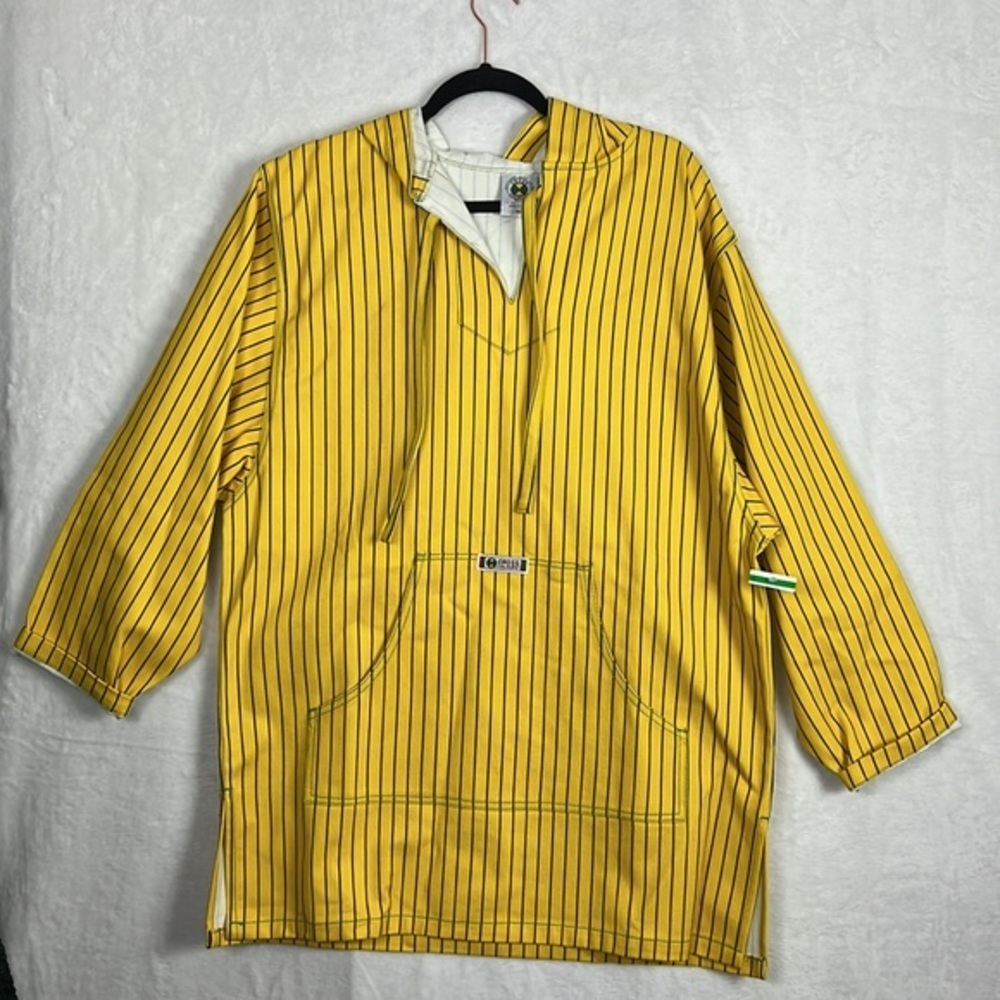 Cross Colours Yellow Black Pinstripe Twill Hooded Denim Poncho Baja Jacket - Picture 5 of 17